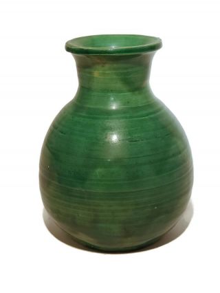 Vintage Heavy Green Glaze Swirly Design 5 " Vase Studio Art Hand Made Painted Bud