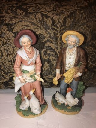 Vintage Homco Home Interior Figurines Old Man & Woman 1477 Chickens & Ducks