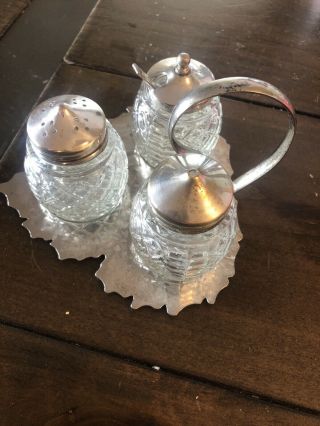 Vintage Salt Pepper Shakers Sugar & Spoon Jar With Silver Plate Leaf Tray