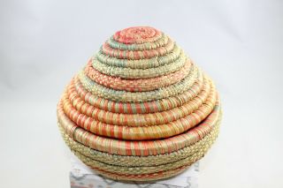 Vintag Multi - Color Woven Coil Round Basket With Lid 5 " X4 "