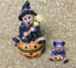 Boyds Bearware Pottery Halloween Witch Bear Trinket Box Baby Bear In Pumpkin