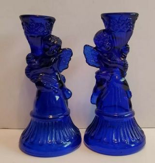 Cherub Angel Candlesticks Cobalt Blue Glass Candle Holders