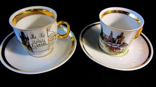 2 Lovely Painted Demitasse Cups/saucers W/ Gold Accents - - Prague,  Czechia Scenes