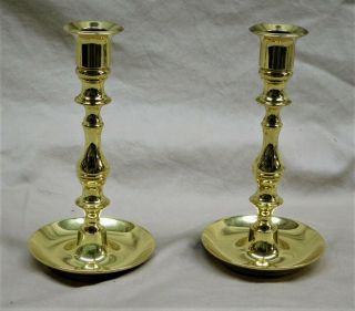 Two Baldwin Solid Brass Candlesticks 7 " Tall Round Base American Candle Holders