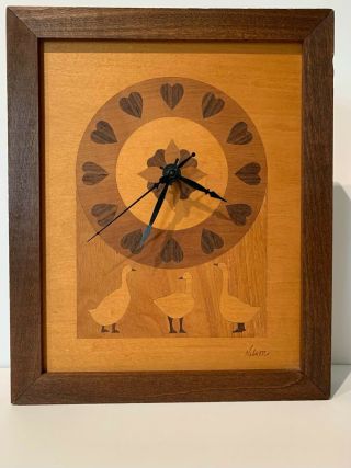 Vintage Hudson River Wood Inlay Goose Clock By Marquetry Artist Nelson