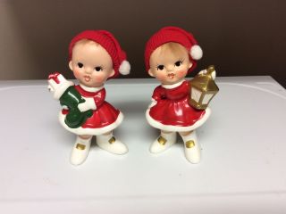 Rare Vtg Napco Christmas Girl Elf Hair Fabric Cap Tree & Lantern Figurine Set