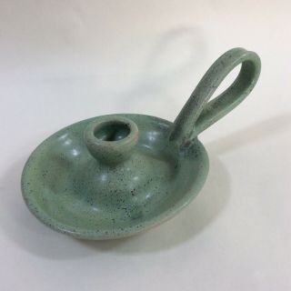 Vintage Pottery Finger Held Candle Stick Holder Signed Pale Green Glaze