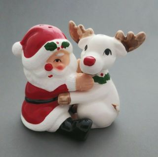 Vintage Fitz & Floyd Christmas Salt And Pepper Shakers Santa Hugging Rudolph