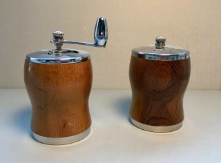 George S Thompson Vintage Wood Salt & Pepper Shakers Grinder Mid Century