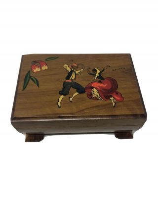 Vintage Reuge Wooden Music Box With Painted Design Of Spanish Man And Woman