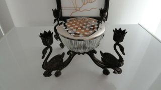 Vintage Silver Plate Swan Candle Holder With Crystal Bowl And Flower