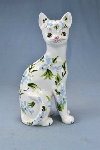 Vintage Folk Art Hand Painted Ceramic Pottery Sitting Cat Figurine Flowers 08896