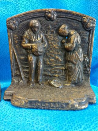 Antique Angelus Giving Thanks Call To Prayer Bronze Book Ends Vintage Old 3