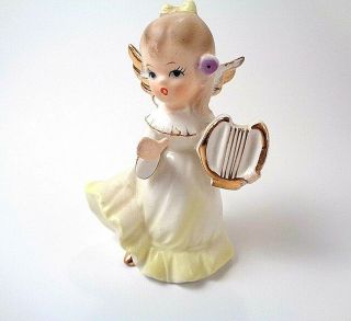 Vintage Choir Angel Wit Harp White With Gold Accents Figurine