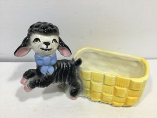Vintage Black Sheep Lamb With Blue Bow & Yellow Basket Pottery Planter