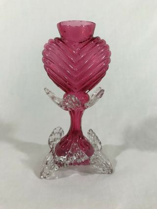 Vintage Red And Clear Glass Bud Vase Heart Shaped Flower Petaled 7 "