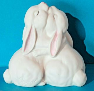 HOMCO Hugging Bunny Rabbits Porcelain Bisque Figurine LIFE IS WONDERFUL ' 90 3