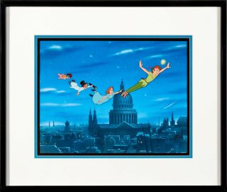 Disney Cel Peter Pan Flying Over London Extremely Rare Animation Cell & Promo