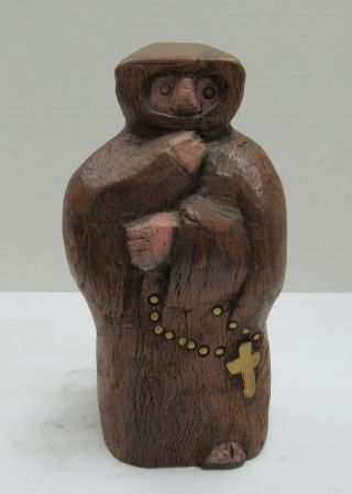 Vintage Antique Hand Carved Wooden Monk,  Priest Religious Statue Signed 8 " Tall