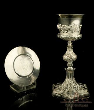 Gorgeous Antique Silver Chalice And Paten.  Rare Model.  France,  19th Century