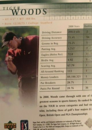 2001 Upper Deck Golf Tiger Woods Rookie Card 1 Rare Vtg 3