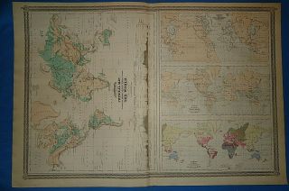 Vintage 1872 Physical World Map Old Antique Johnson 