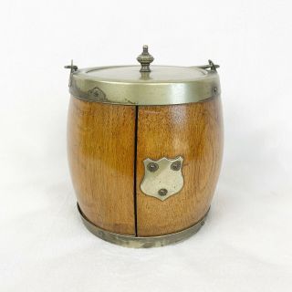 Antique Wood Biscuit Barrel Tobacco Jar Porcelain Lined Brass Shield Lid Humidor
