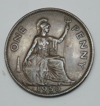 British - 1950 Rare Penny Very Fine English George Vi 1d Uk Coin