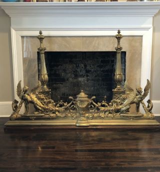Rare 19th Century Antique French Brass Swan Sphinx Fireplace Fender Andirons Set