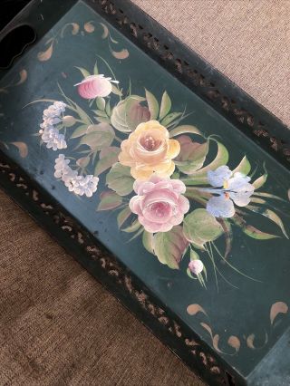 Vintage Long Floral Tole Painted Metal Tray With Decorative Trim 22”x11”