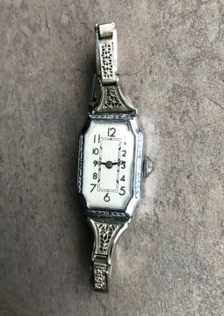 Vintage Art Deco Mechanical Women’s Watch 14k White Gold Filled Watch Bin M