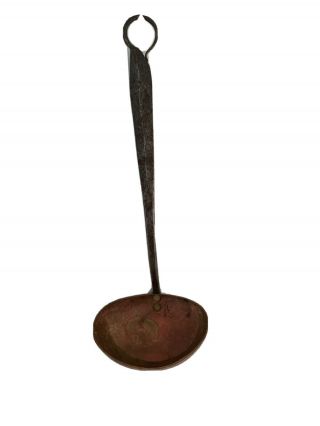 Antique Primitive Copper Hand Forged Iron Ladle Hearth Cooking 12”stamped D