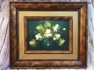 Vintage Burled Wood Framed Oil On Board White And Yellow Roses In A Vase 12 X 14