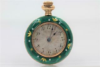 Antique England Sterling Silver Green & Gold Enamel Pocket Watch For Repair