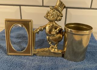 Rare Walt Disney Uncle Scrooge Mcduck Old Brass Picture Frame & Pencil Holder