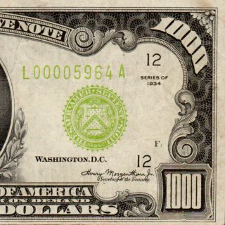 Rare San Francisco Lgs 1934 $1000 One Thousand Dollar Bill 500 Fr.  2211l 5964a