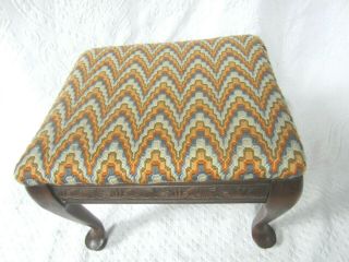 Vintage Foot Stool Carved Mahogany Queen Anne Upholstered Flame Stitch