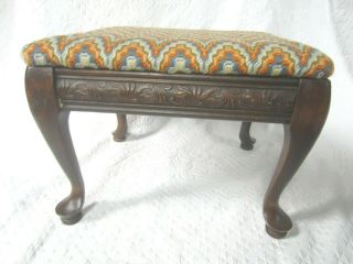 Vintage Foot Stool Carved Mahogany Queen Anne Upholstered Flame Stitch 2
