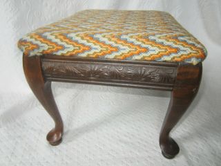 Vintage Foot Stool Carved Mahogany Queen Anne Upholstered Flame Stitch 3