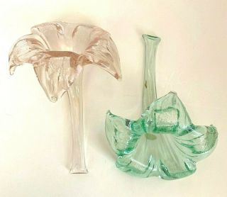Vintage Glass Flowers 5.  5 Inch Clear Green And Pink Vase Sculptures Hibiscus Bud