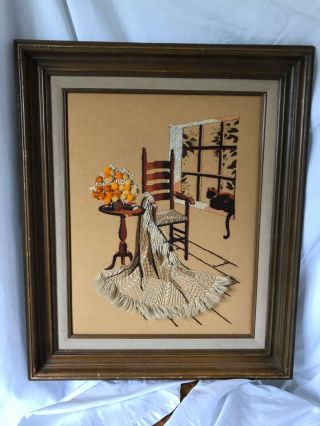 Vintage Completed Needlepoint Crewel Framed Window Chair Throw Cat Large