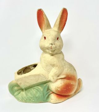 Vintage Green Orange Paper Mache Easter Bunny Rabbit Wheelbarrow Rare