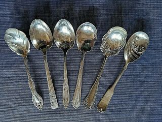 6 Antique & Vintage Mixed Pattern & Makers Silver Plate Sugar Spoons