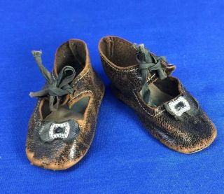 Antique Leather Doll Shoes For German French Bisque 2 - 3/4 " Size 6 Black W Buckle