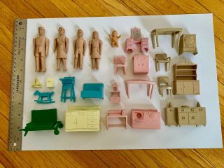 Vintage 1950’s Dollhouse Furniture And Family