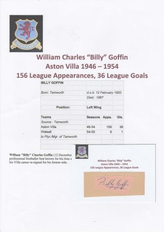 Billy Goffin Aston Villa 1946 - 1954 Rare Hand Signed Cutting/card