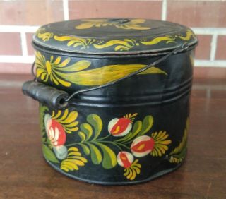 Antique Vintage Toleware Tin Pail Bucket And Lid With Hand Painted Flowers