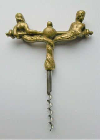 Rare Antique Swedish Art Deco Brass Corkscrew - 2 Cherubs On Handle Ca 1925.