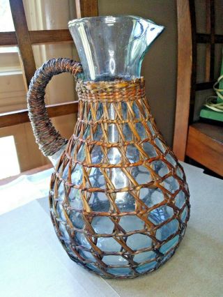 Vintage Antique Wicker Wrapped Green Glass Pitcher Caning Carafe