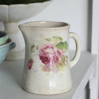 Antique Stoneware Pitcher With Pink Roses - Ironstone Transferware Pitcher